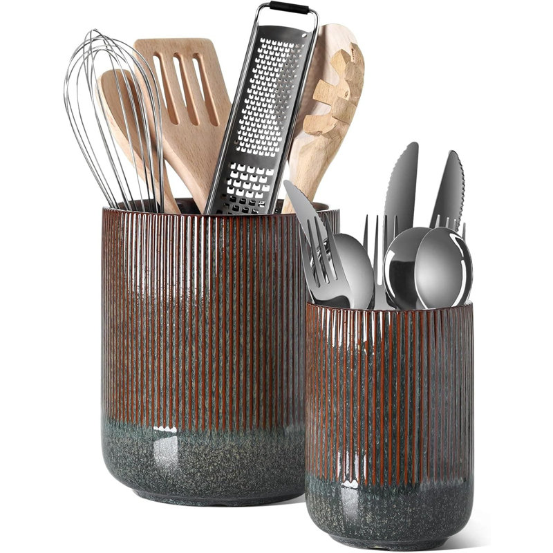 Ceramic Utensil Holder Set of 2 - 7.3"x5.4" Large Countertop Crocks, White Glaze, Modern Spatula Organizer, Dark Olive