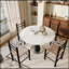 Table de salle à manger ronde moderne de 39 pouces, plateau en pierre frittée gris-blanc avec base en bois massif pour les petites cuisines et les espaces compacts-2139728136-2139728143