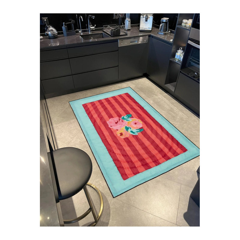 Vertical Striped Red Rose Patterned Multicolored Woven Floor Carpet, Round 4'