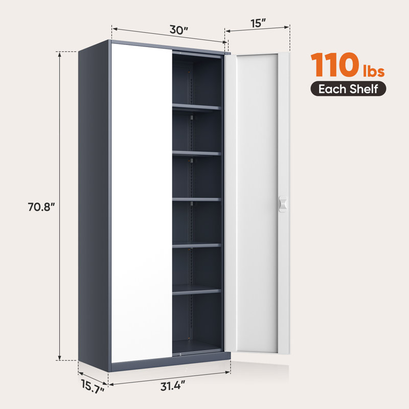 71" Metal Storage Cabinet, Garage Storage Organizer with Locking Doors and Adjustable Shelves, Gray/White