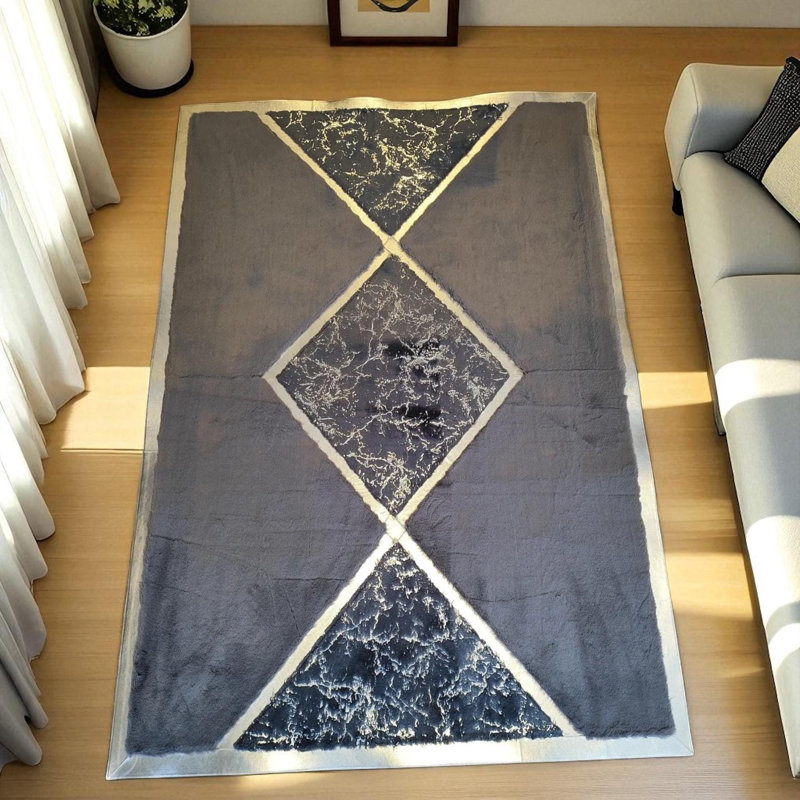Tapis gris moelleux fait à la main avec centre losanges pour salon moderne, Rectangle 9 pi 6 po x 13 pi 6 po