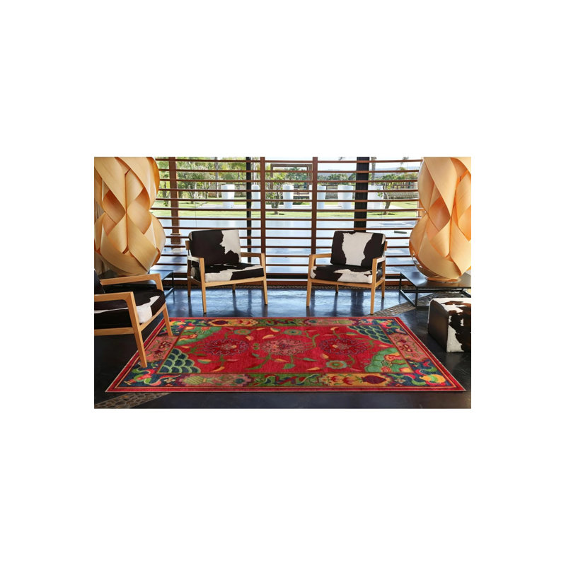 Tapis tissé avec motifs floraux dans les tons de rouge, Rectangulaire 8 pi x 10 pi