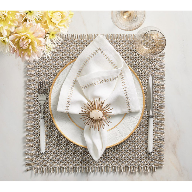 Herringbone Linen Napkin, White/Gold/Silver