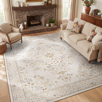 Tapis floral doux lavable doux avec envers antidérapant beige