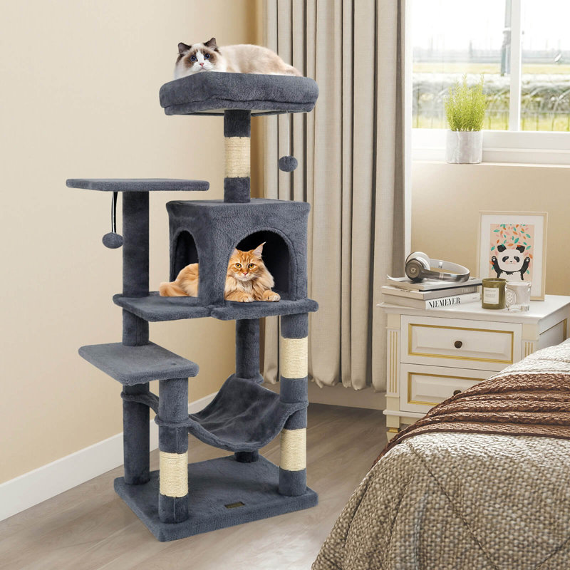 44” Tall Multi-level Cat Tree with Cushion Top Perch, 2-Entrance Large Cat Condo Dark Grey, Dark Grey