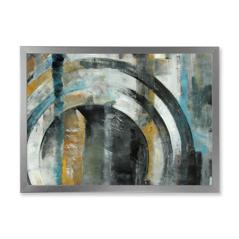 Grunge noir et gris cercles - reproduction de cadre flottant sur toile, H 24 po x l 36 po x P 1 po, Cadre photo argenté