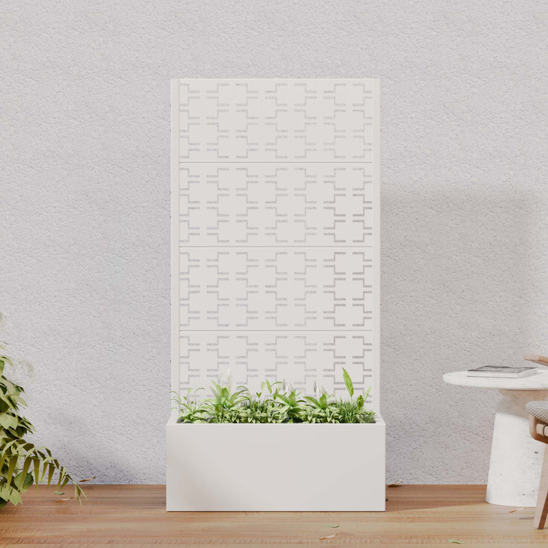 Outdoor Metal Planter Box with Trellis Decor Raised Garden Bed with Lattice Panel for Patio, White