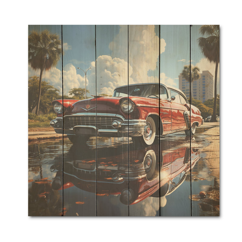Voiture rétro classique rouge rétro - Art rétro sur bois de pin naturel, H 15 po x l 15 po