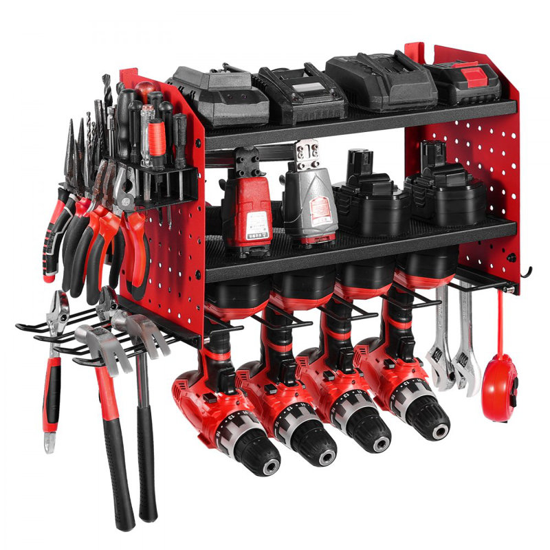 Support mural pour outils électriques, support de rangement à 3 couches avec 4 supports de perceuse, support à outils et support de rangement avec panneaux perforés latéraux, organisateur pour outils de garage, établi et atelier