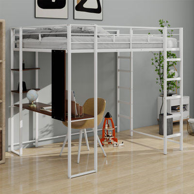 Metal Loft Bed With Shelves And One Desk