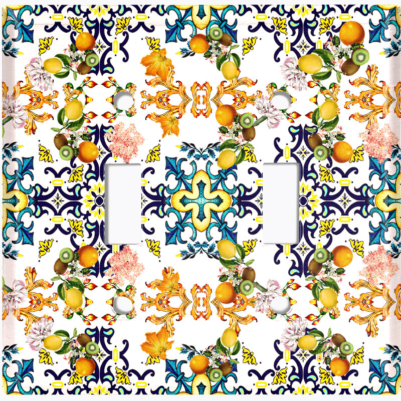 Blue Yellow Damask Tile Fruit White Patterned 2 - Gang Toggle Light Switch Standard Wall Plate