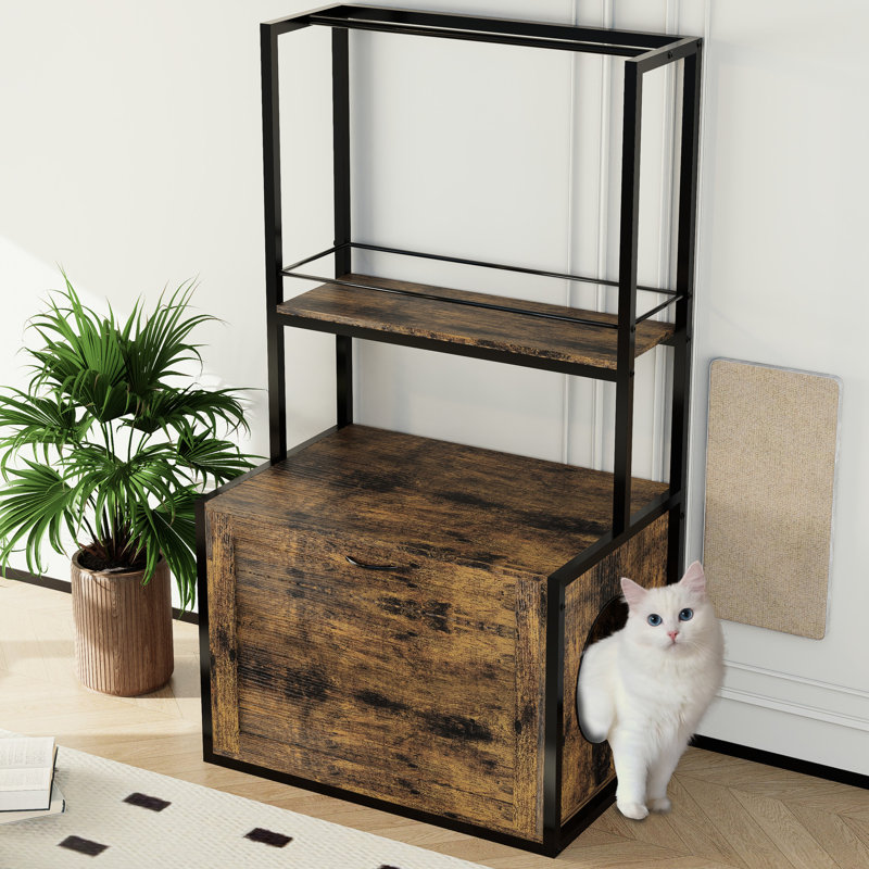 Armoire à litière rustique pour chat brun avec tige de séchage et espace de rangement pratique