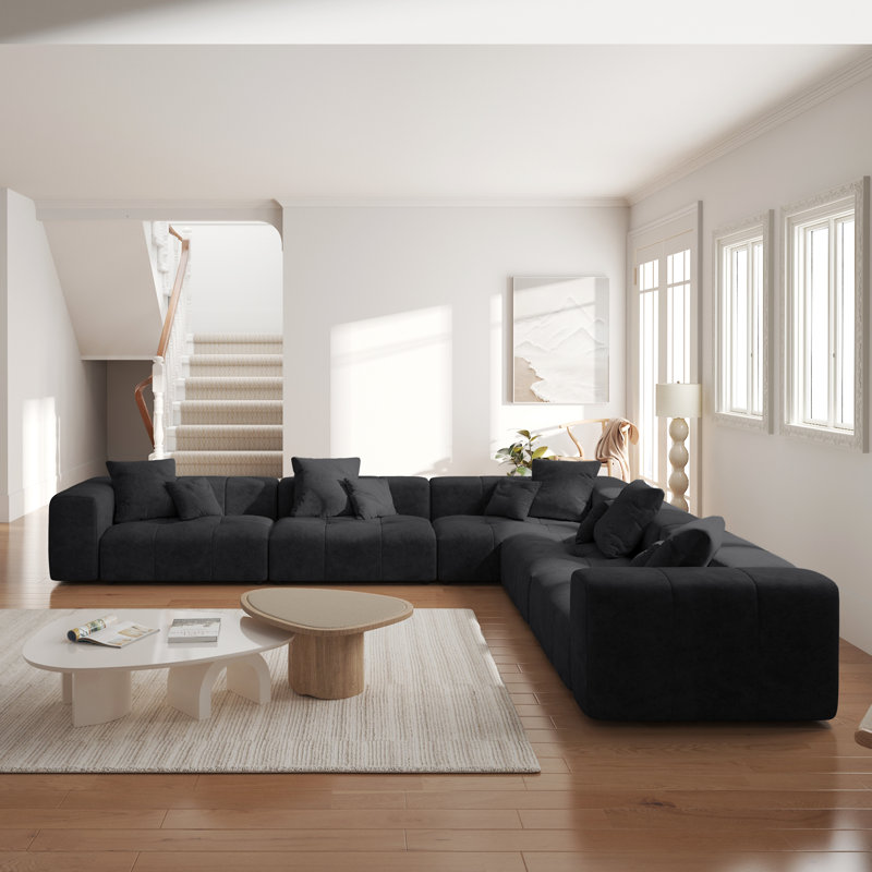 Kay Crumley Upholstered Boneless Modern Linen Blend Fabric Sectional Sofa, Black Linen Blend, 24.8" H x 144.17" W x 132.30" D