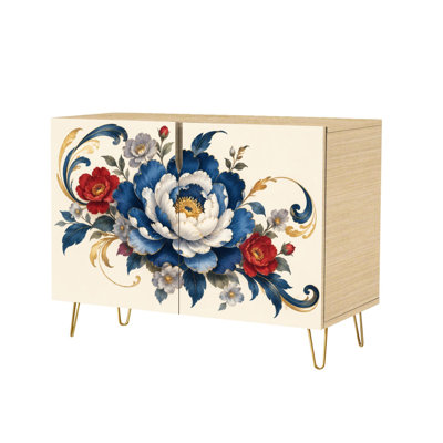 Buffet à deux portes, motif pivoines bleues et rouges, élégance florale et accents dorés. Console moderne et raffinée, meuble de rangement en bois, dosseret idéal pour la cuisine, la salle à manger, le salon, l'entrée ou un coin café.