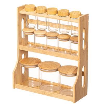 Basicwise Versatile 3-tier Bamboo Spice Rack And Pantry Organizer With 13 Glass Jars – Perfect For Countertop Storage In Kitchens To Keep  Seasoning Containers Neatly Displayed And Easily Accessible