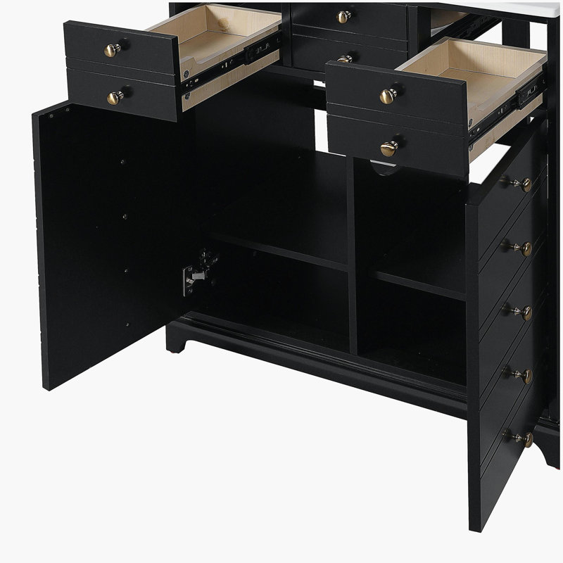 Ensemble de meuble-lavabo 30 po avec lavabo en céramique, armoire de rangement en bois massif, ensemble de meuble-lavabo autoportant avec 2 tiroirs et portes à fermeture douce, noir