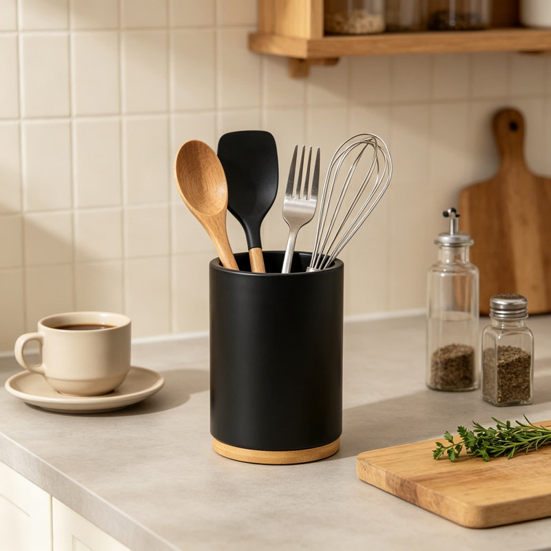 Porte-ustensiles rotatifs à 360° en bambou pour comptoir, grand pot de rangement en bois naturel pour spatules et autres ustensiles de cuisine.