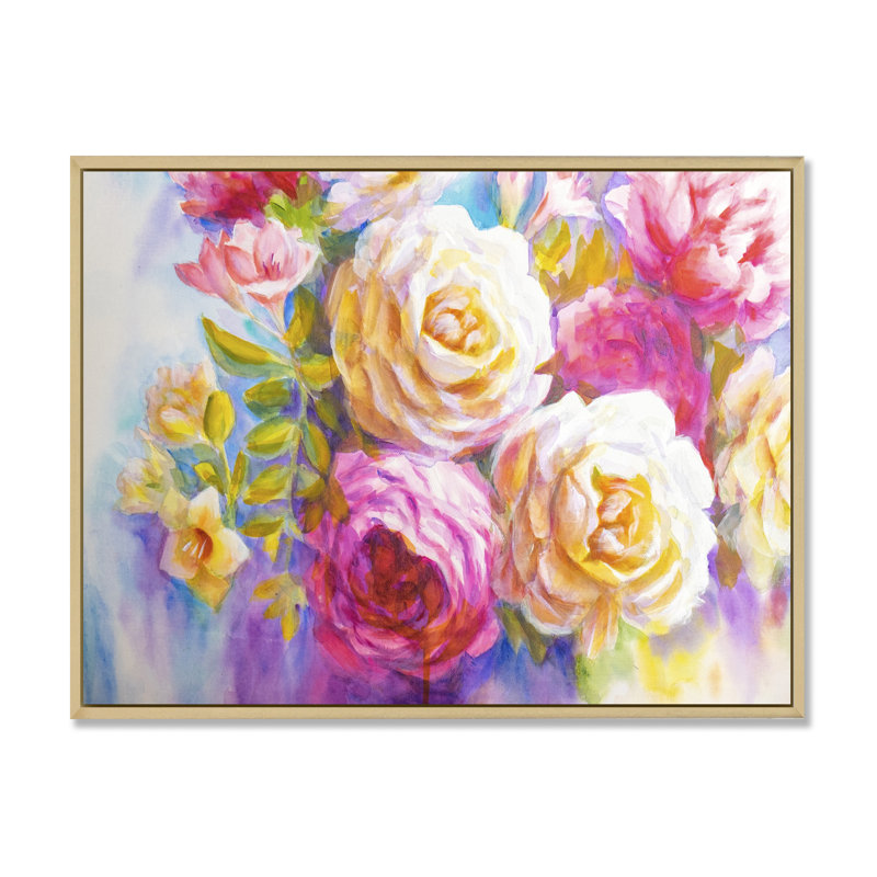 Pivoines et roses Bouquet II - reproduction sur toile, H 24 po x l 36 po x P 1 po, Cadre flottant brun