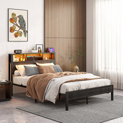 Full Size Bed Frame With Storage Headboard, Metal Platform Bed With Charging Station,  Bookcase Storage, No Box Spring Needed, Easy Assembly, Noise-Free