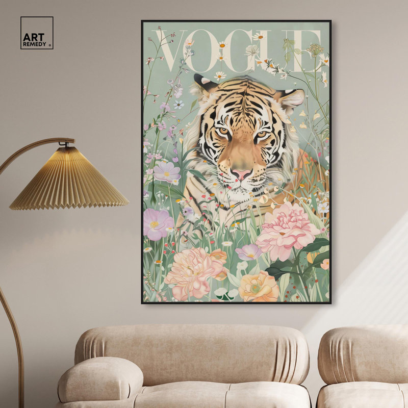Spring Magazine Tiger Canvas Vintage Animal Art by Art Remedy, 55" H x 37" W, Black Framed