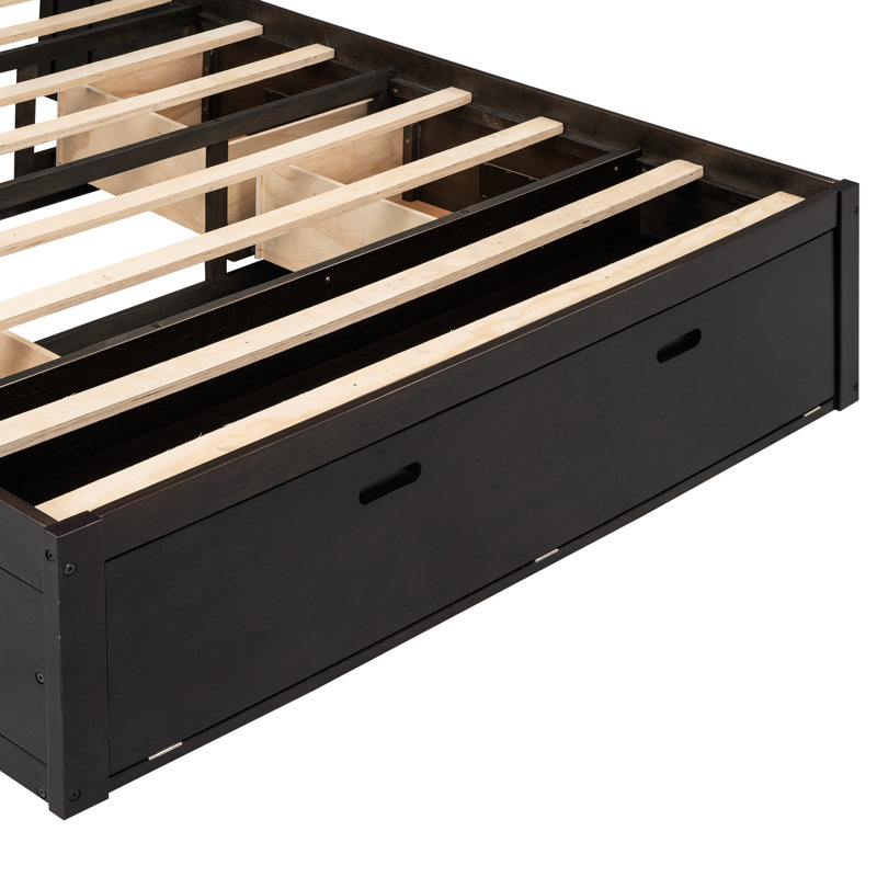 Grand lit avec tête de lit colorée, rangement, 4 tiroirs, étagère à chaussures et utilisation à long terme, rangement en bois