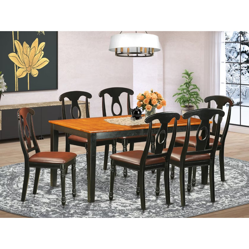 7 Piece Dining Table Set Consists of a Rectangle Dining Room Table with Butterfly Leaf and 6 Faux Leather Upholstered Chairs, Black & Cherry