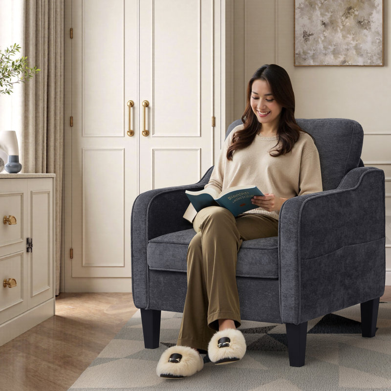 Mid-Century Accent Chairs Featuring Removable Cushions, Dark Gray