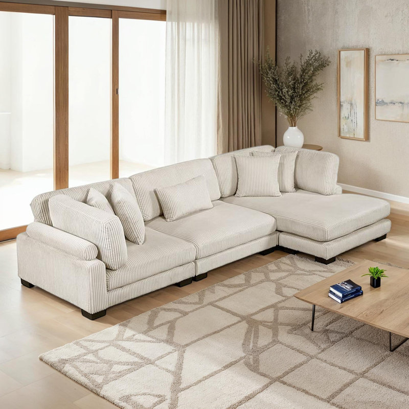 Hulett Square Arms Corduroy Modular Sectional with Chaise, Light Beige Corduroy, 34.5" H x 135" W x 70" D