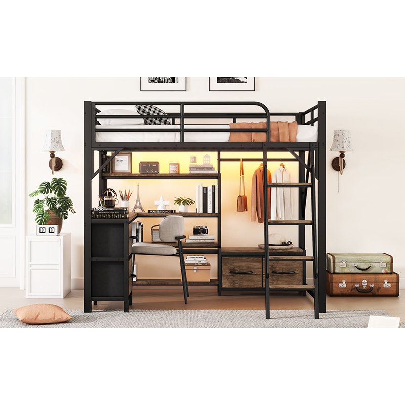 Lit mezzanine double avec bureau, tiroirs, tablettes de rangement en métal, lumières à DEL, descente sécuritaire, marches confortables