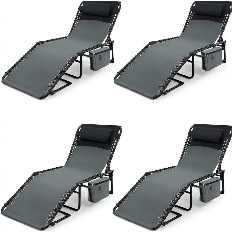 Folding Tanning Chair with Adjustable Backrest, Portable Chaise Lounge Chair, Sun Lounger with Side Pocket and Removable Pillow, Reclining Beach Chairs for Pool Patio Camping Backyard