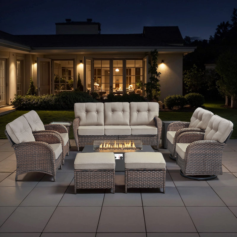9-Piece Outdoor Garden Family Party Conversation Set With Fire Pit Table And Swivel Chairs, Beige