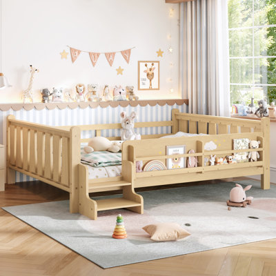 Kids Queen Solid Wood Floor Bed with Bookcases, Cute Stairs and Guardrails