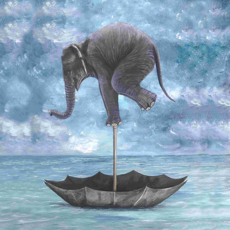 Éléphant en équilibre - peinture sur toile tendue, H 36 po x l 36 po, Cadre simple érable érable, Non
