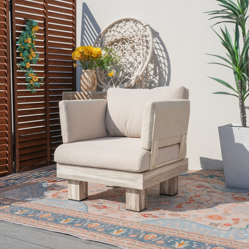 Chaise longue d'extérieur à grain de bois en aluminium à assise profonde avec coussins beiges l 27,1 po x P 28,9 po Choi
