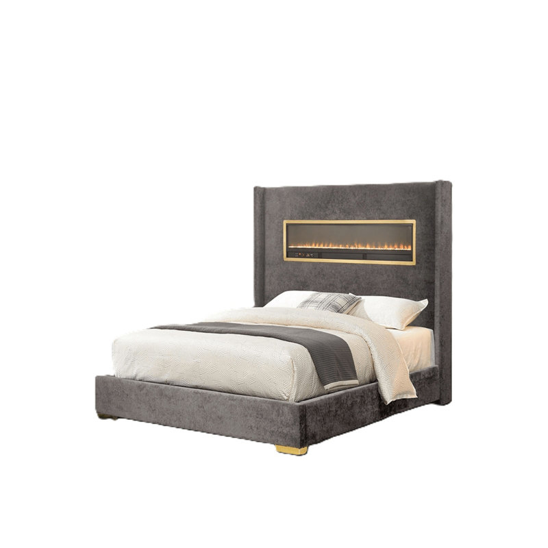 Magnifique lit plateforme tapissier de style contemporain de couleur grise avec grand lit 1pc, Grand lit, Gris