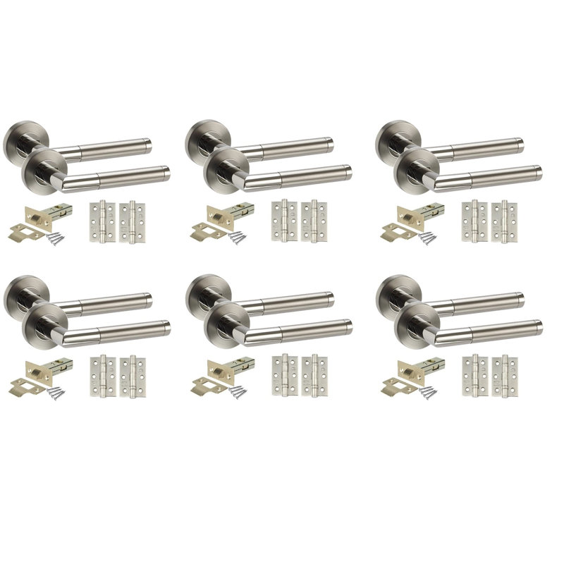 Golden Grace 6 Pairs Mitred Style Modern Door Handles Lever Latch on Round Rose with Ball Bearing Hinges and 64mm Tubular