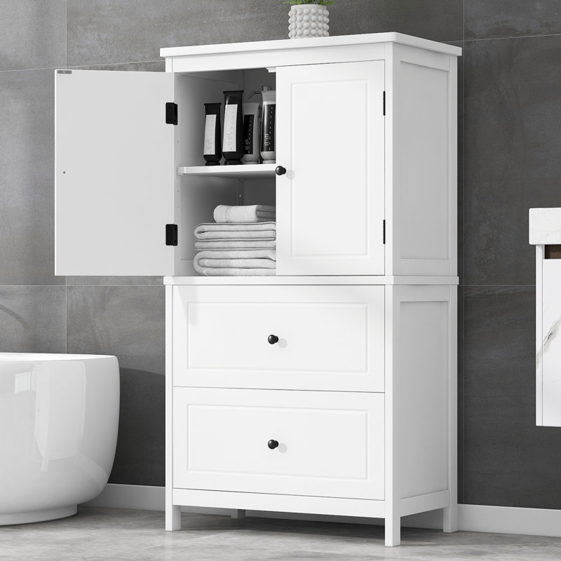 Bathroom Storage Cabinet, Cabinet With Two Doors And Drawers, Adjustable Shelf, MDF Board, Bathroom Storage, White