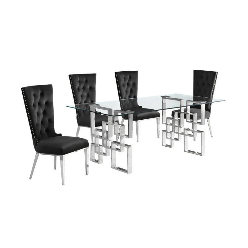 Chaplin Glass Top Double Pedestal Dining Set, Black/Silver, 5