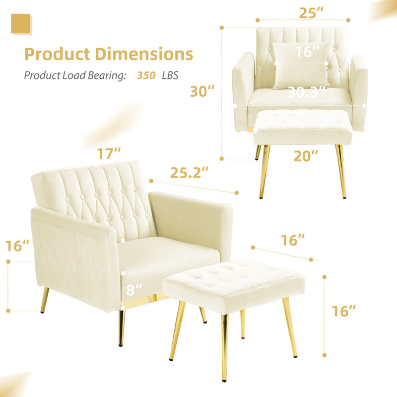 Siemon Velvet Accent Chair with Ottoman, Beige Velvet
