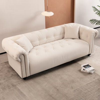 Blanc rétro avec 2 coussins - Structure en bois robuste, siège ergonomique, coussins de canapé de style rétro, chic et moderne, assise en bois confortable