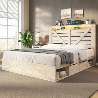 Oceant Queen Farmhouse LED Bed Frame With 4 Drawers & Open Storage Space,White