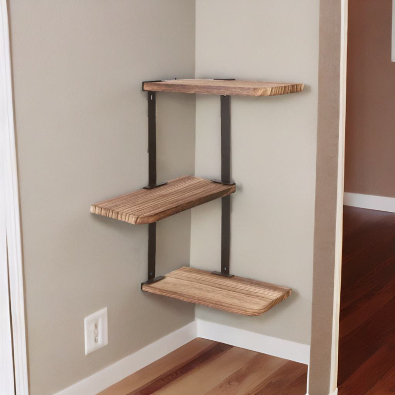 Applin 3 Tier Wall Mounted Floating Corner Shelf Rustic Brown