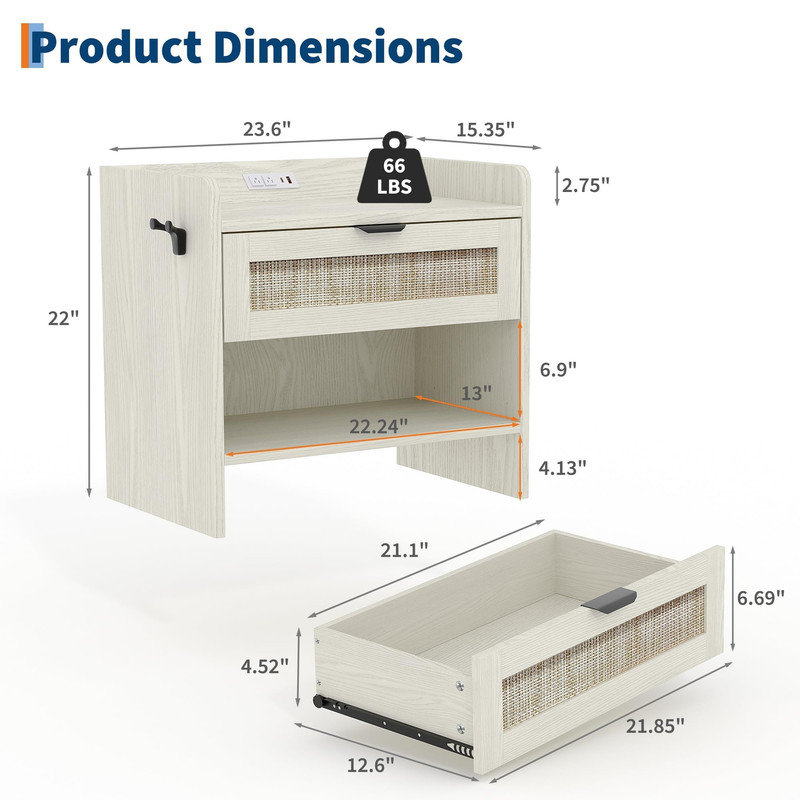 Night Stand with 1 Drawer, Open Shelf & Rattan Pattern Design for Bedroom, Office, or Side Table, White