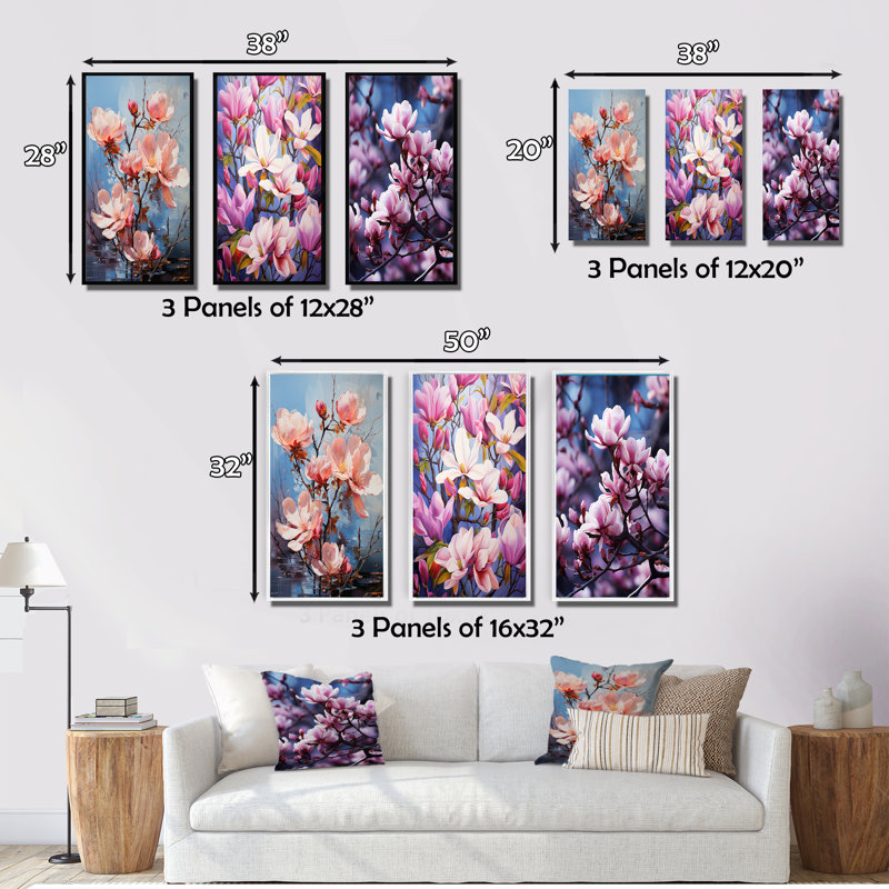 Magnolias, ensemble de 3 pièces d'art acrylique multicolore, Toile tendue, H 32 po x l 48 po