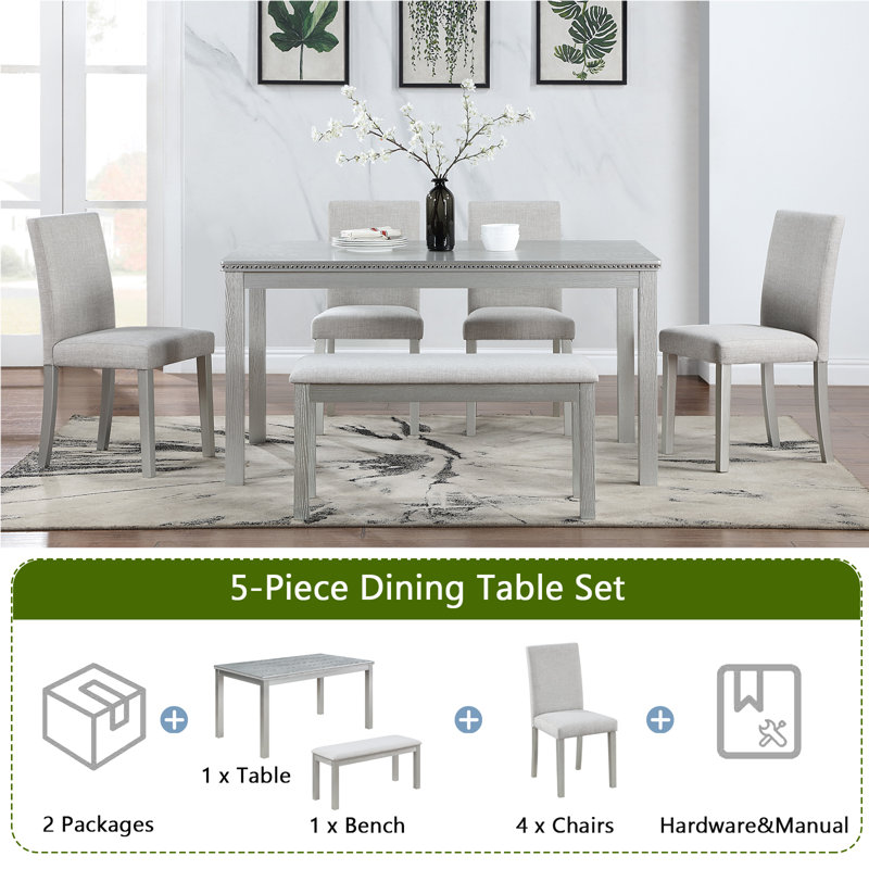Wooden Dining Rectangular Table With Bench, Kitchen Table With Bench  Small Space,  Person Dining Table, White