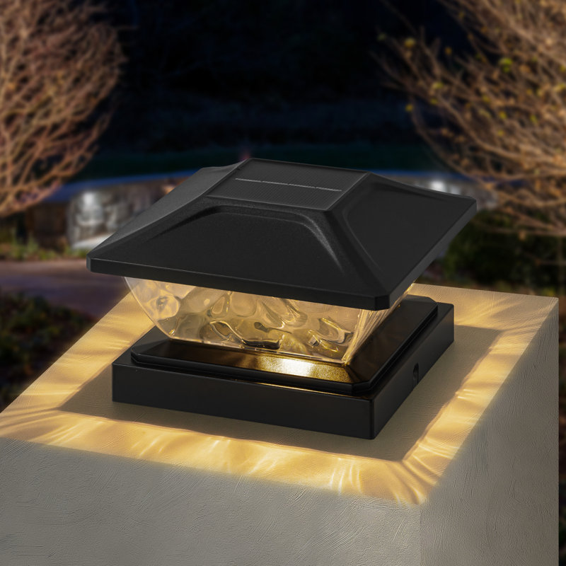 Black Solar Led Outdoor Post Cap Lights With Hammered Lens