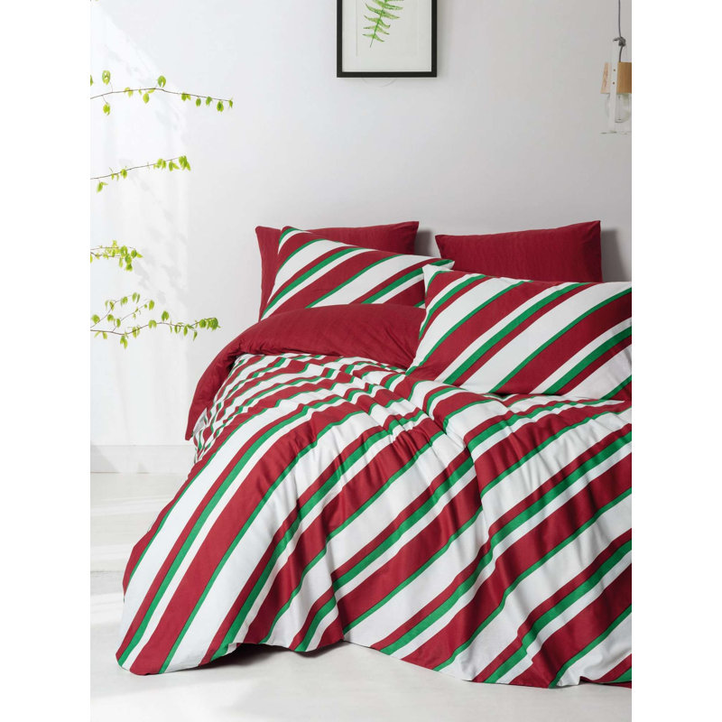 100% Cotton Ranforce Double Quilt Cover Set, Green, Red & White | Includes Duvet Cover (78.7 x 86.6 in), Fitted Sheet (63 x 79 in + 11.8 in), 2 Pillowcases (19.7 x 27.6 in) | Reactive Printing, Machine Washable, Button Closure