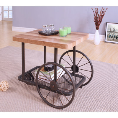 Oak End Table With Antique Grey Finish, Industrial Design, Mobility Wheels, Spacious Surface, Metal Mesh, 18.08 In Depth Oak, Table, Mesh