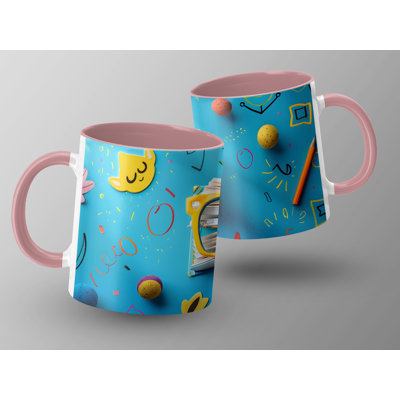 Kids Drawing Style 11oz Accent Mugs – Ceramic Coffee Cup with a Pink Handle and Interior