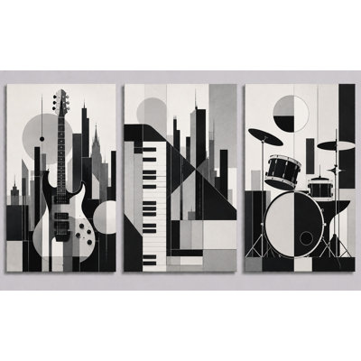 Extra-large Set of 3 Black White Music Studio Wall Art Electric Guitar Piano Drum Canvas Prints Modern Geometric Home Decor 24x36 Inch  Canvas Print - Ready to hang